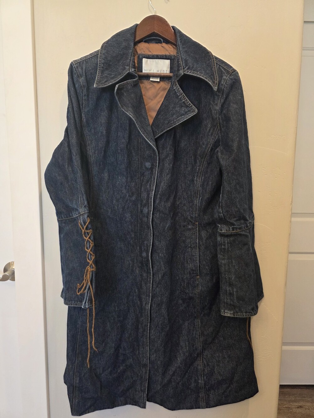 Classic Y2K Nine West Dark Blue Denim Long Coat with Lace-Up Bell Sleeve